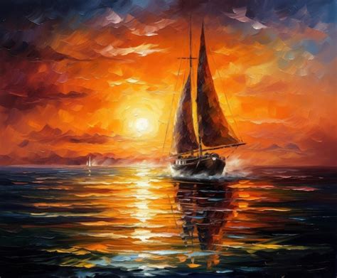 Una pintura de un velero con la puesta de sol detrás de él Foto Premium