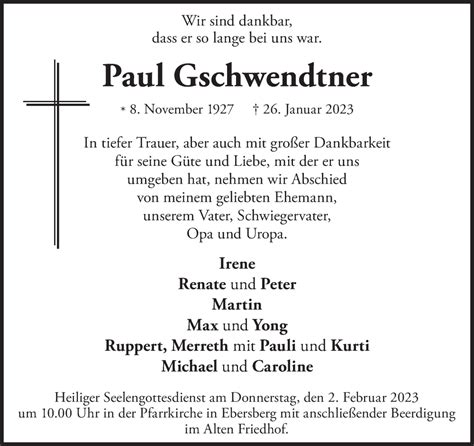 Traueranzeigen Von Paul Gschwendtner Sz Gedenken De