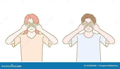 Young Boy And Girl Are Covering Eyes With Two Hands Hand Drawn Stock