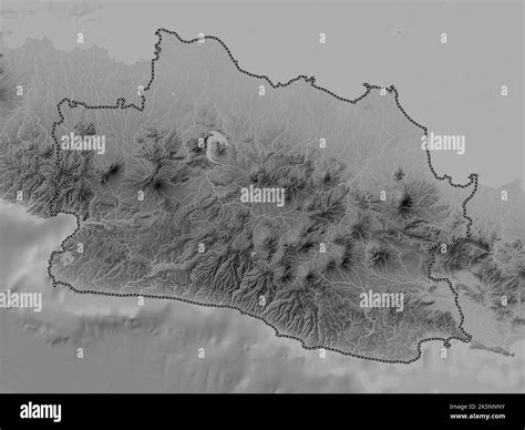 Jawa Barat, province of Indonesia. Grayscale elevation map with lakes ...