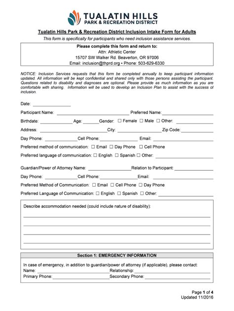 Fillable Online Thprd Intake Form Adult Thprd Org Fax Email Print