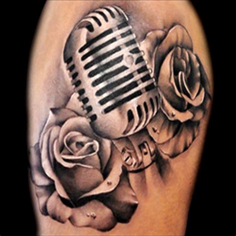 Realistic Microphone And Roses Tattoo Done In Black And Grey By Brandon Marques Timeless Ta