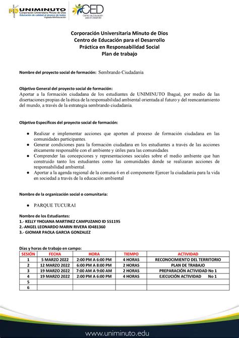 plan de trabajo practica Corporación Universitaria Minuto de Dios