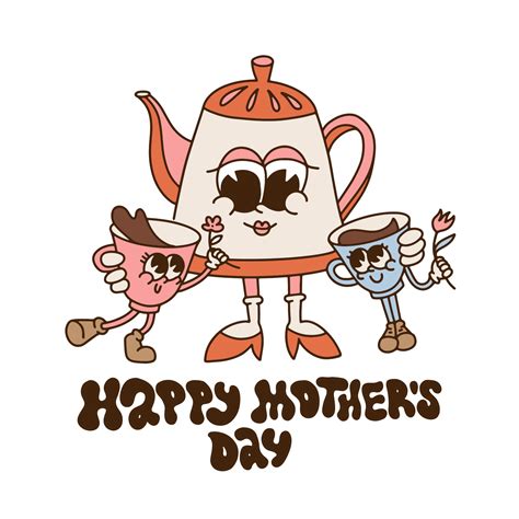 Happy mothers day card. Groovy teapot retro character family mom with ...