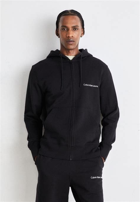 Calvin Klein Jeans Institutional Zip Through Hoodie Zip Up Sweatshirt Black Uk