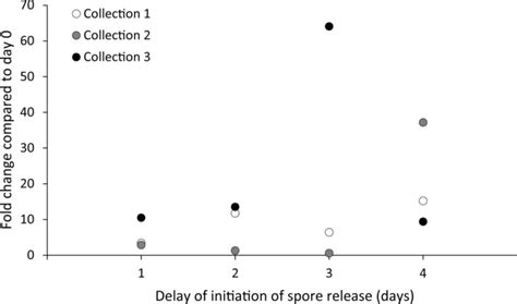 Fold change of the number of released zoospores compared to the day of ...