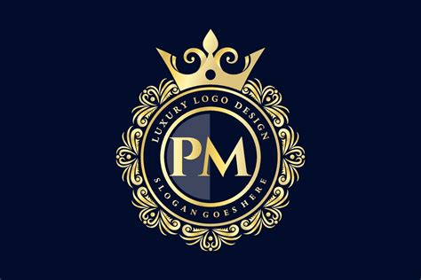 PM Initial Letter Gold Calligraphic Feminine Floral Hand Drawn Heraldic