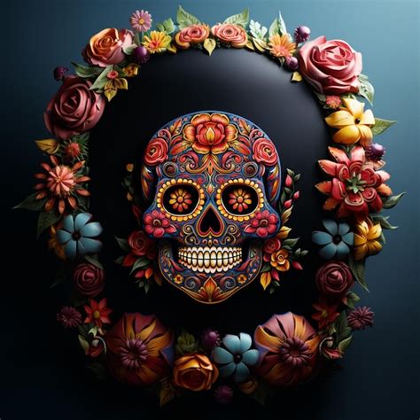 Premium Photo Brightly Colored Sugar Skull Surrounded By Flowers And