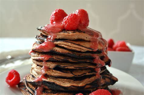 Banana Maca Pancakes With Raspberry Maple Syrup Justinecelina