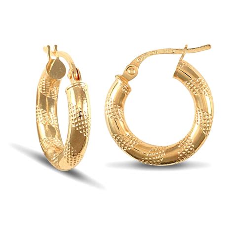 Ladies 9ct Yellow Gold Textured Striped 3mm Hoop Earrings 16mm