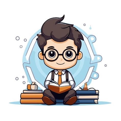 Premium Vector Cute Boy Reading A Book Sitting On Books Vector