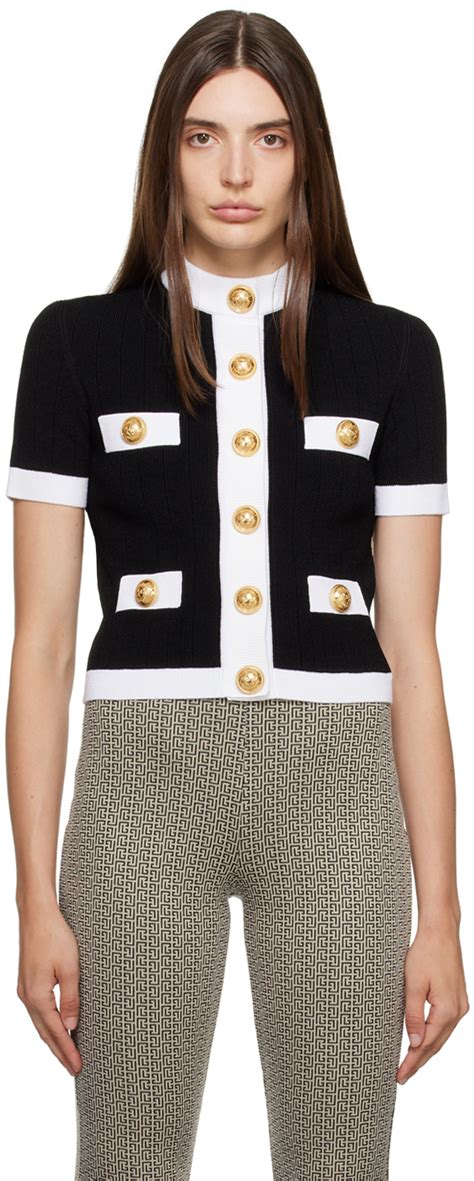 Black White Short Sleeve Cardigan By Balmain On Sale