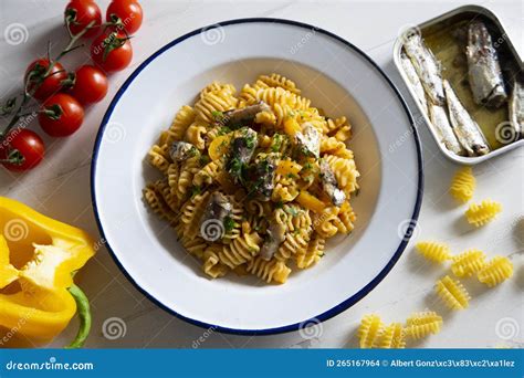 Pasta With Tomato And Sardines Traditional Italian Recipe Stock Photo