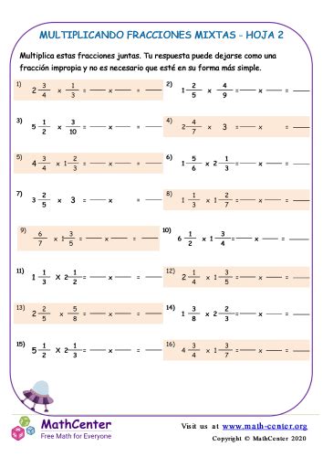 Multiplicando Fracciones Mixtas Hoja 2 Hojas De Trabajo Math Center