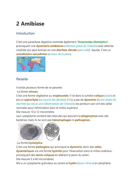 2 Amibiase Résumé Parasitologie 2 Amibiase Introduction C est une