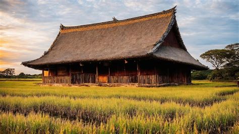 Premium Photo A Traditional House In A Rice Field With A Blue Sky In