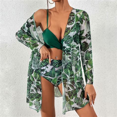 Toperth Three Piece Tropical Print Wrap Bikini Set Toperth