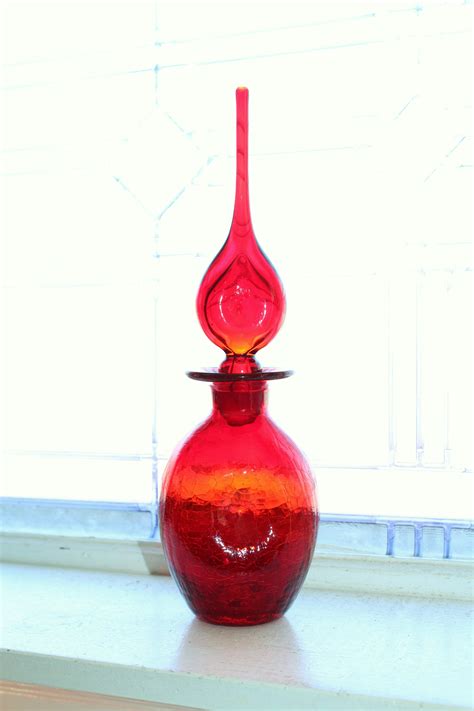 Vintage Blenko Red Amberina Decanter S Genie Bottle Crackle Glass