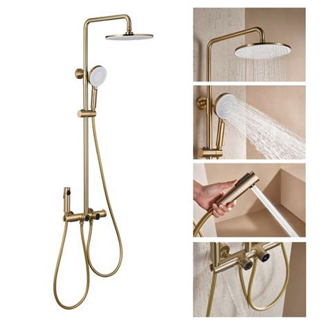 Wellfor Brushed Gold Dual Head Shower Faucet Bar System With 3 Way