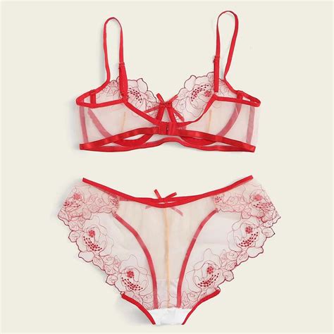 Cheap Sexy Embroidery Flowers Bra Set Perspective Lace Mesh Lingerie