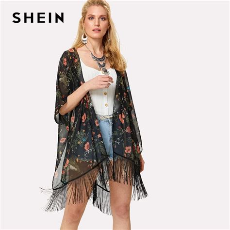 Buy Shein Fringe Trim Calico Flower Print Kimono Women