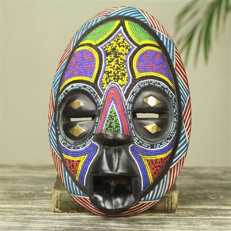 UNICEF Market Beaded Black Wood African Mask With Brass Inlay