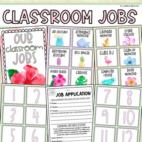 Classroom Jobs Helpers Chart Labels Signs Watercolor Tropical Theme