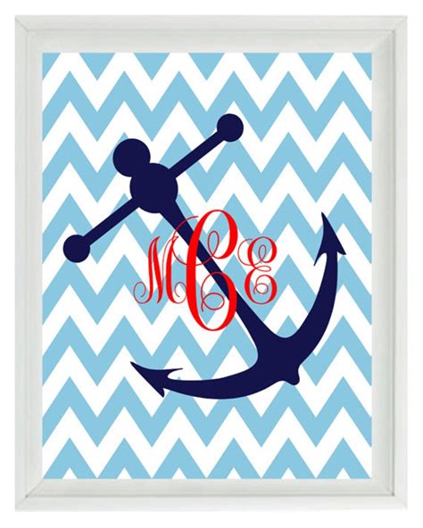 Chevron Monogram Nautical Anchor Art Print Nursery Beach Etsy