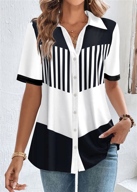 Rotita Button Striped White Shirt Collar Short Sleeve Blouse Rotita