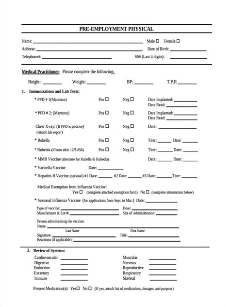 Pre Employment Physical Forms Printable