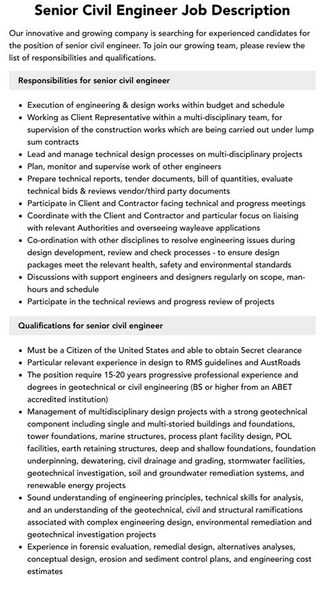 Senior Civil Engineer Job Description Velvet Jobs