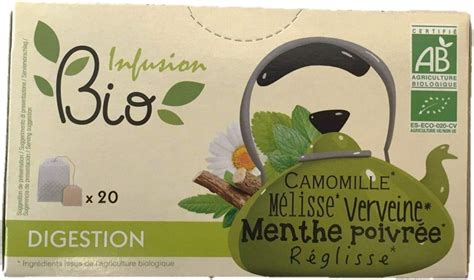 Infusion BIO Camomille Mélisse Verveine Menthe poivrée Réglisse