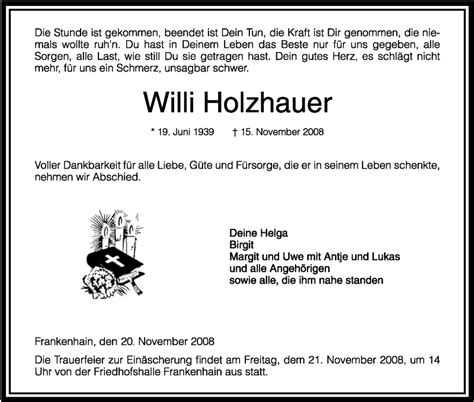 Traueranzeigen Von Willi Holzhauer Trauer Hna De