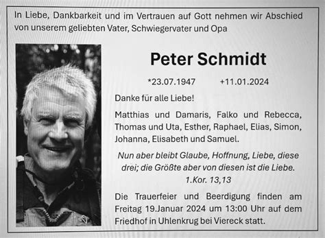 Traueranzeigen Von Peter Schmidt Trauer Nordkurier