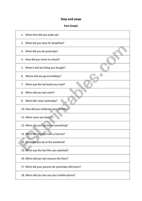 Stop And Swap To Practise Past Simple Esl Worksheet By Jzilic