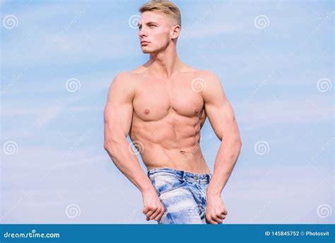 Muscular Masculine Guy Look Confident Man Muscular Torso Stand Confidently Sport And Bodycare