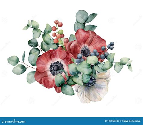 Mazzo Dell Acquerello Con L Anemone L Eucalyptus E Le Bacche Fiori