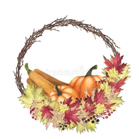 Willow Wreath Watercolor With Pumpkins And Autumn Leaf Maple Oak