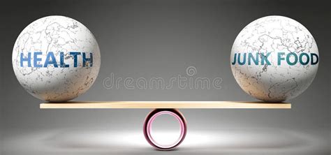 Health And Junk Food In Balance Pictured As Balanced Balls On Scale That Symbolize Harmony And