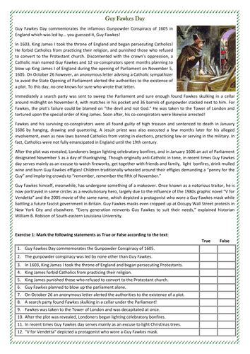 Guy Fawkes Day Reading Comprehension Text Worksheet Teaching Resources