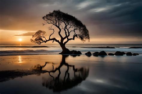 Premium Ai Image A Tree Is Reflected In The Water At Sunset