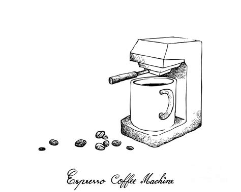 Hand Drawn Of Espresso Coffee Machine With Coffee Beans Drawing By Iam