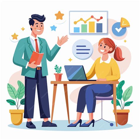Premium Vector | An employee and manager discussing achievements and
