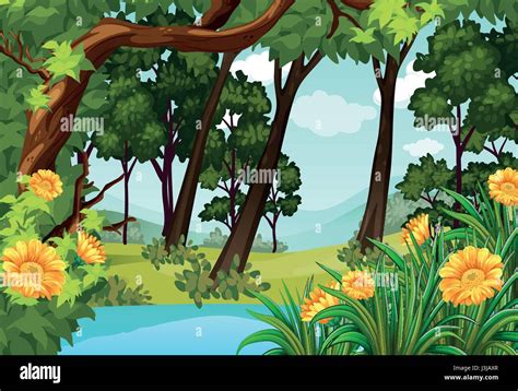 Forest Scene With Trees And Pond Illustration Stock Vector Image Art