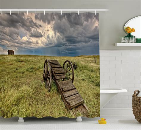 Barn Wood Wagon Wheel Shower Curtain Old Prairie Cart Agricultural