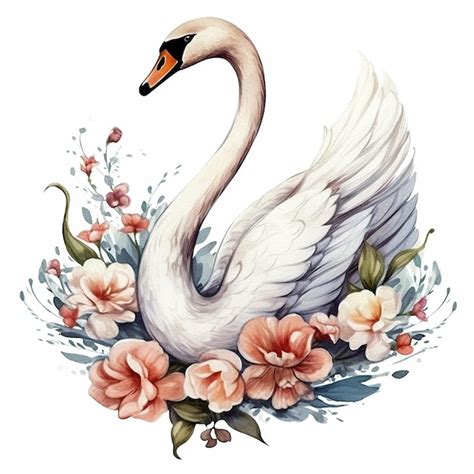 Hermoso Cisne Con Flores Sobre Un Fondo Blanco Vector Premium