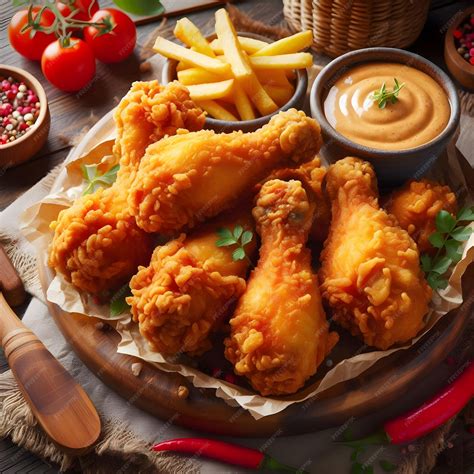 Premium Photo | Chicken fries drumsticks KFC with garlic sauce and ...