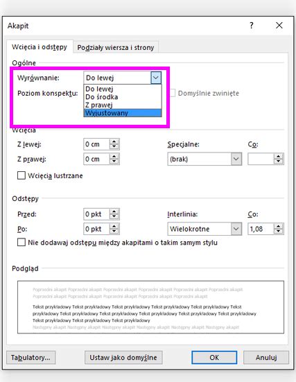 Zmienianie wyrównania w poziomie tekstu na stronie Word