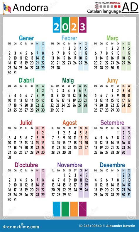 Catalan Vertical Pocket Calendar For 2023 Week Starts Monday Stock