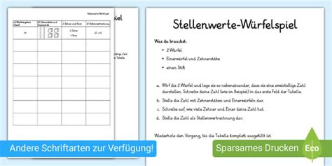 Stellenwert W Rfelspiel Arbeitsblatt Teacher Made